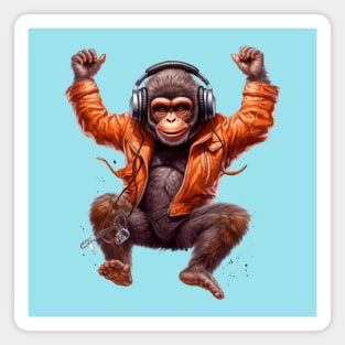 Happy Chimpanzee Listening to Rock and Jumping Magnet